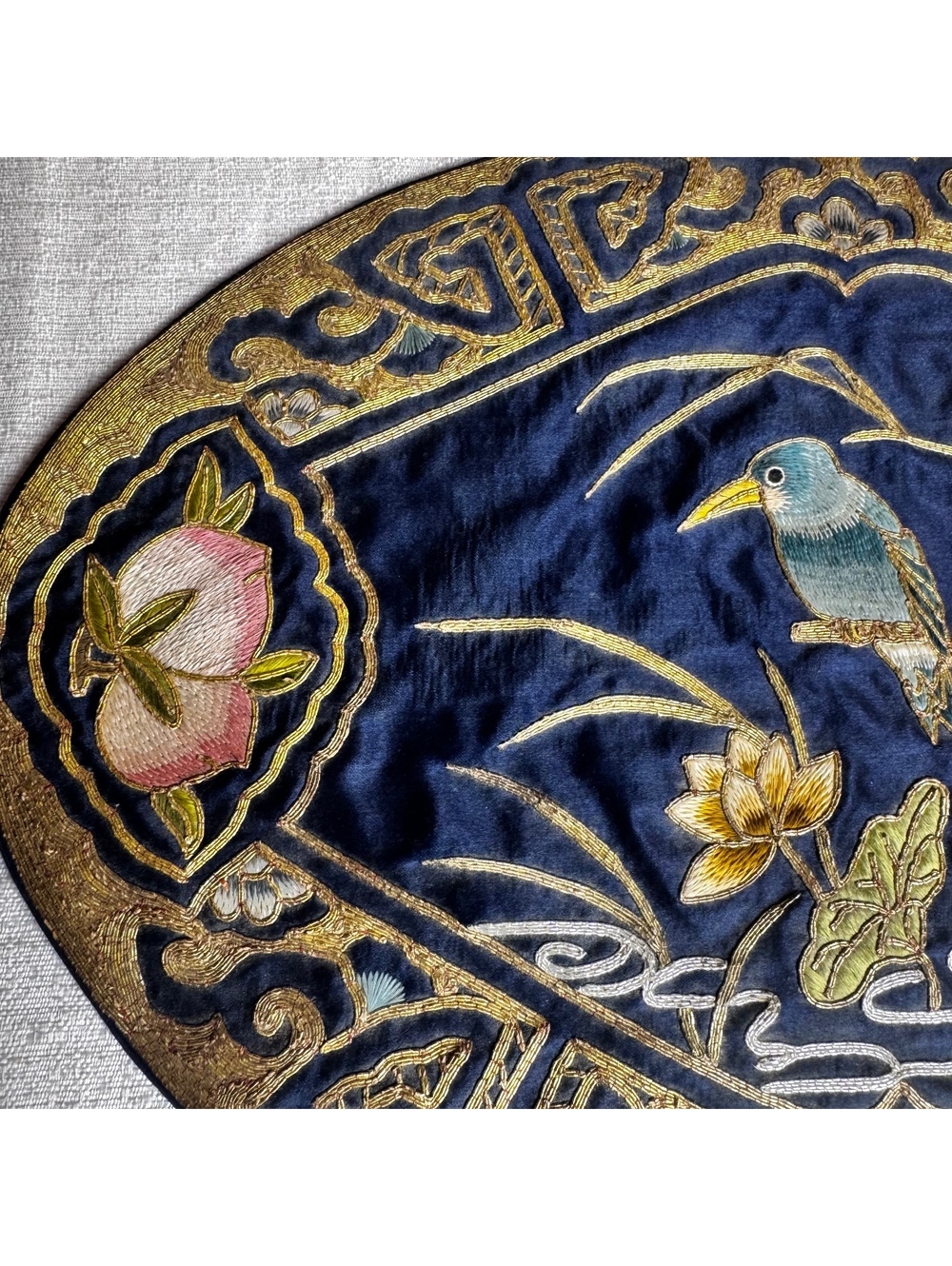 Vintage Embroidered Bird & Lotus Textile Art Navy Blue Silk-Like Oval Wall Decor - Picture 4 of 8